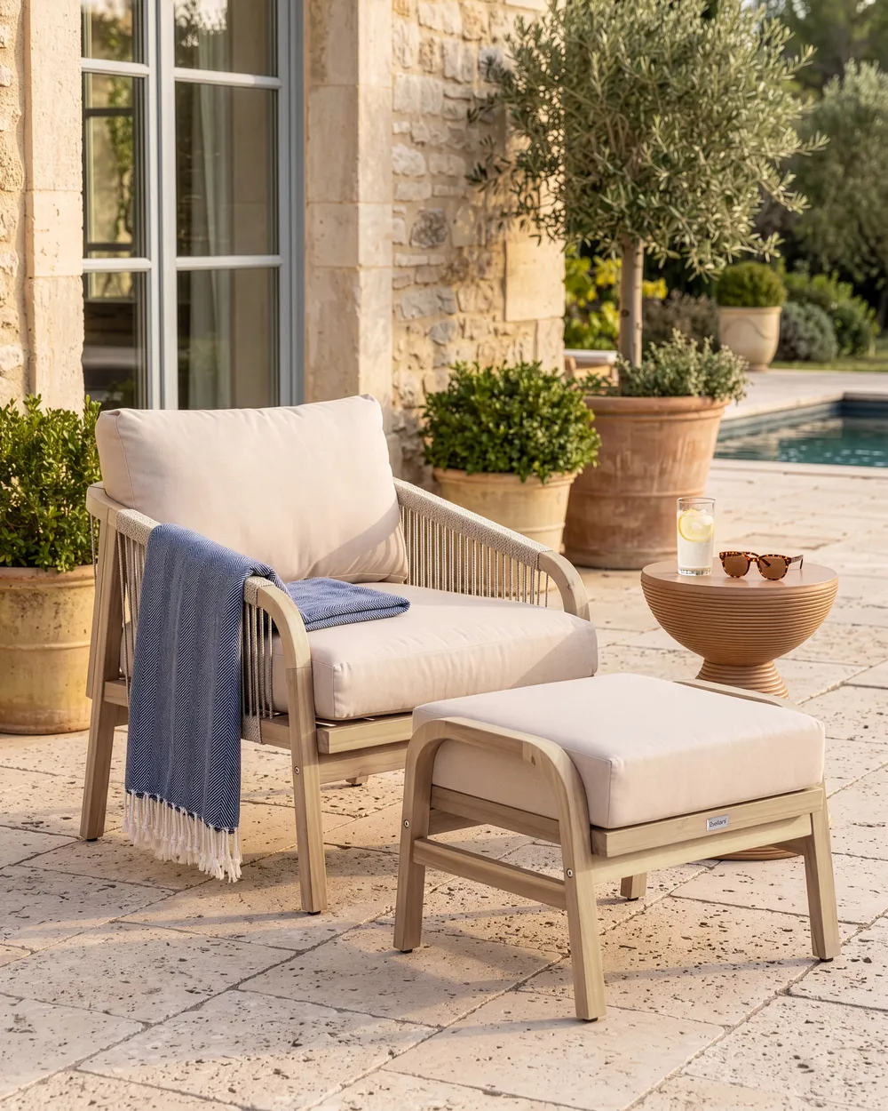 Garden Armchair with Ottoman SUMBA Acacia Wood Light Brown
