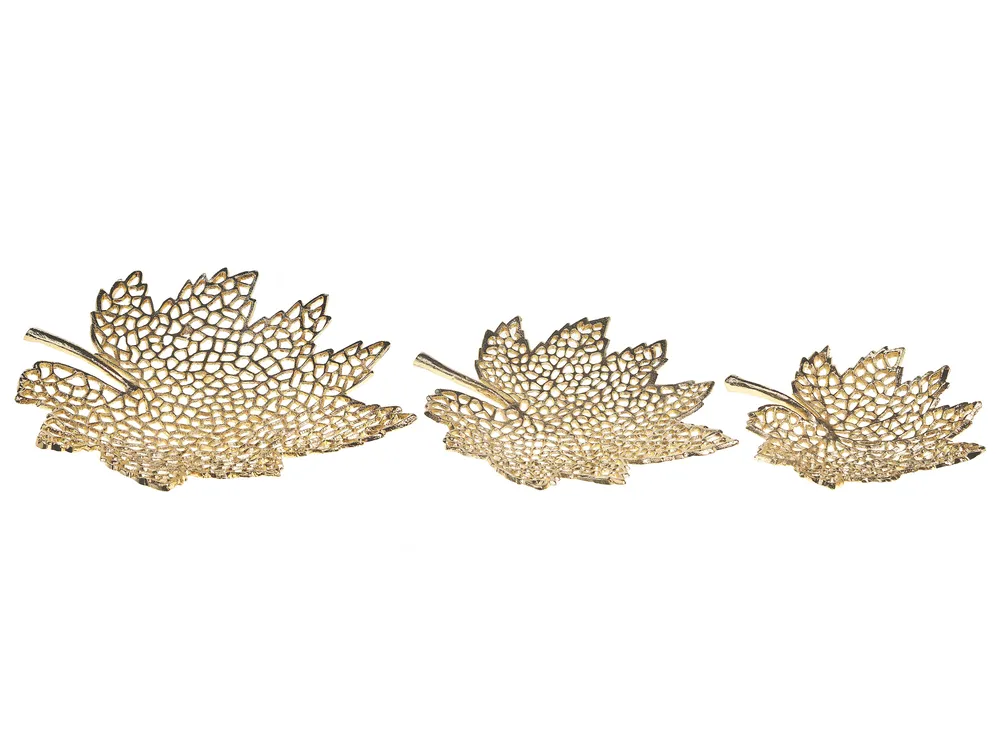 Set of 3 Trinket Dishes Leaf PEMALI Metal Gold_870382