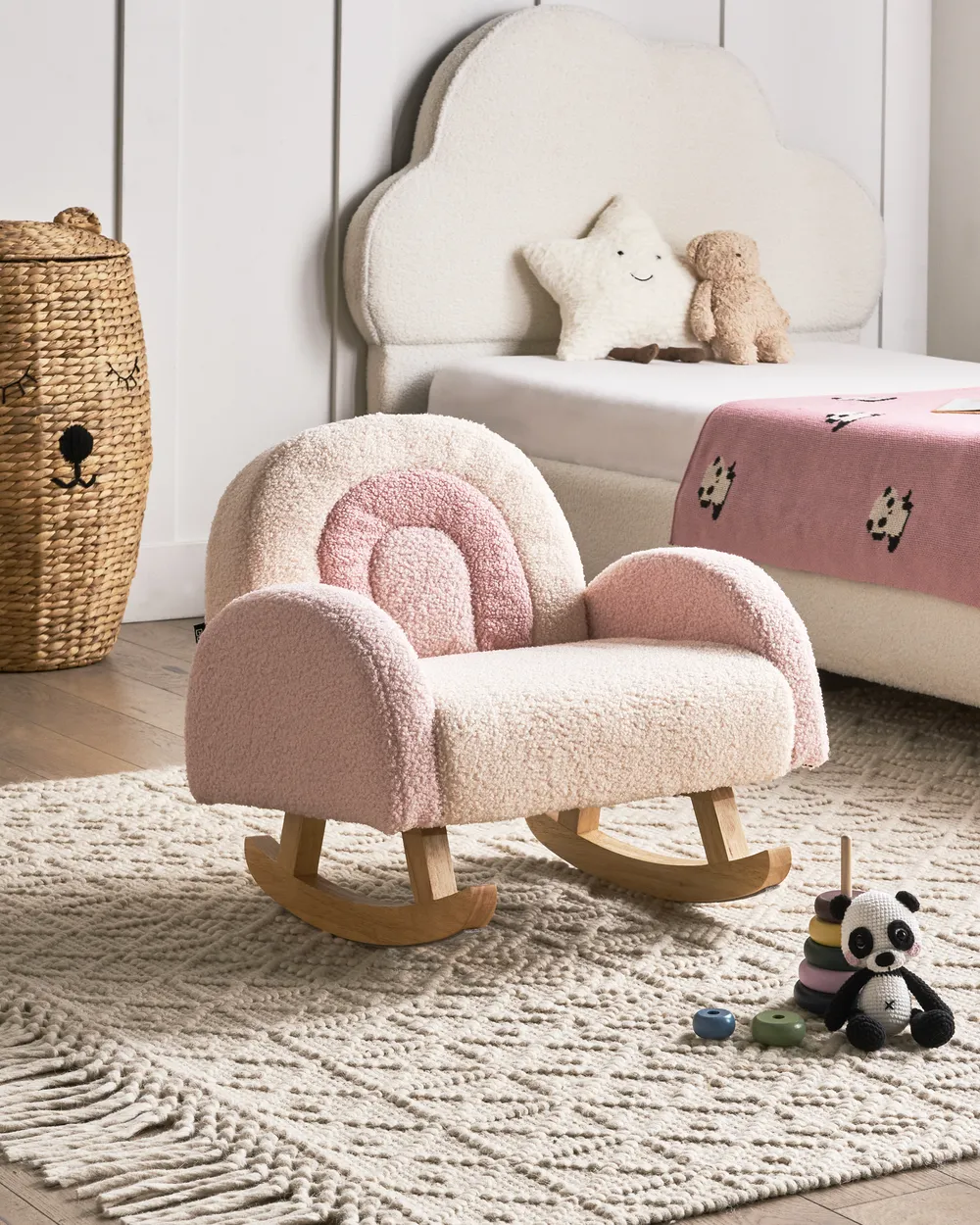 Kinderschaukelstuhl Regenbogen OMBO Bouclé Pastellrosa