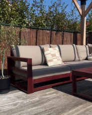 Garten Ecksofa mit Tisch 5-Sitzer TIMOR modular Akazienholz Dunkelrot Grau Beige_980343