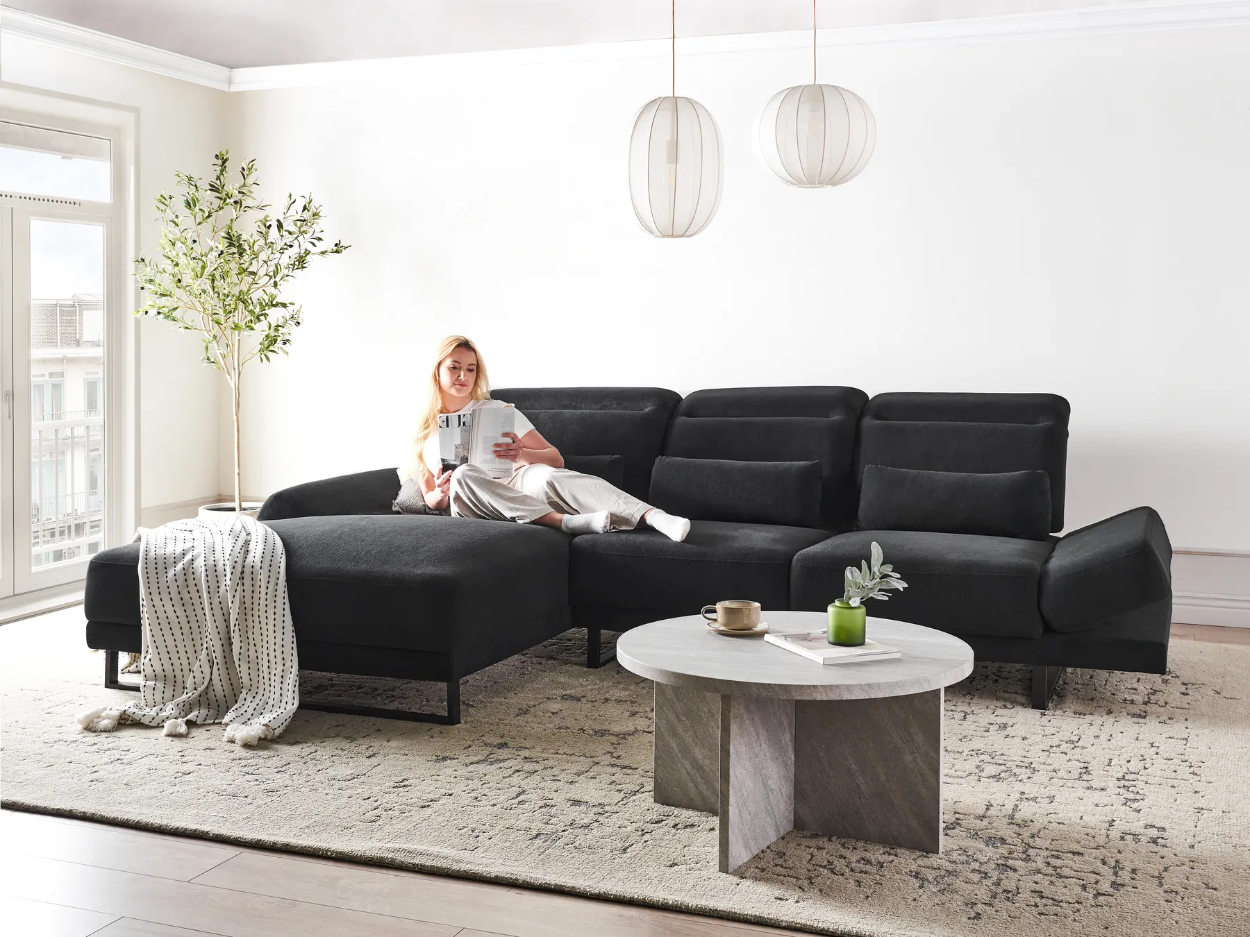 Corner Sofa 4 Seater IKAST Fabric Black Right Hand_959926