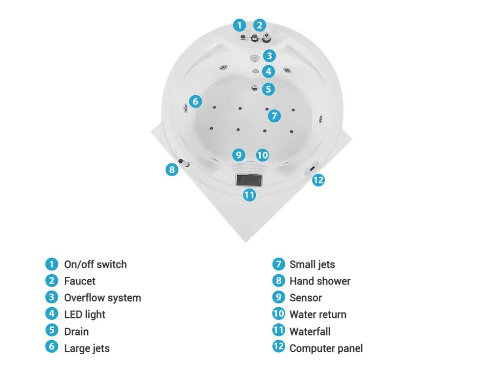 Corner Hot Tub with LED MILANO 1810 x 1500 mm with Built-In Bluetooth Speaker White_810835