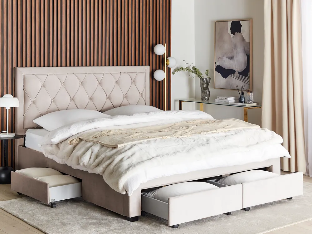 Polsterbett Samtstoff beige mit Bettkasten verschiedene Größen LIEVIN