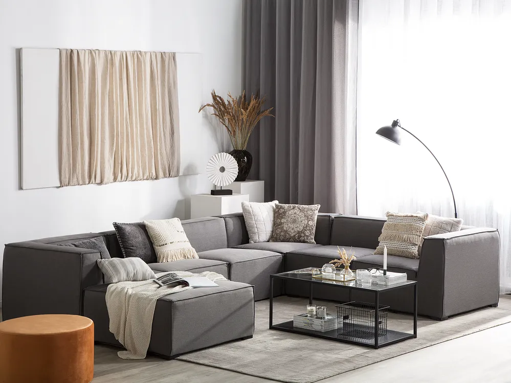 Garten Ecksofa mit Ottomane 7-Sitzer AREZZO modular Grau rechtsseitig_825145