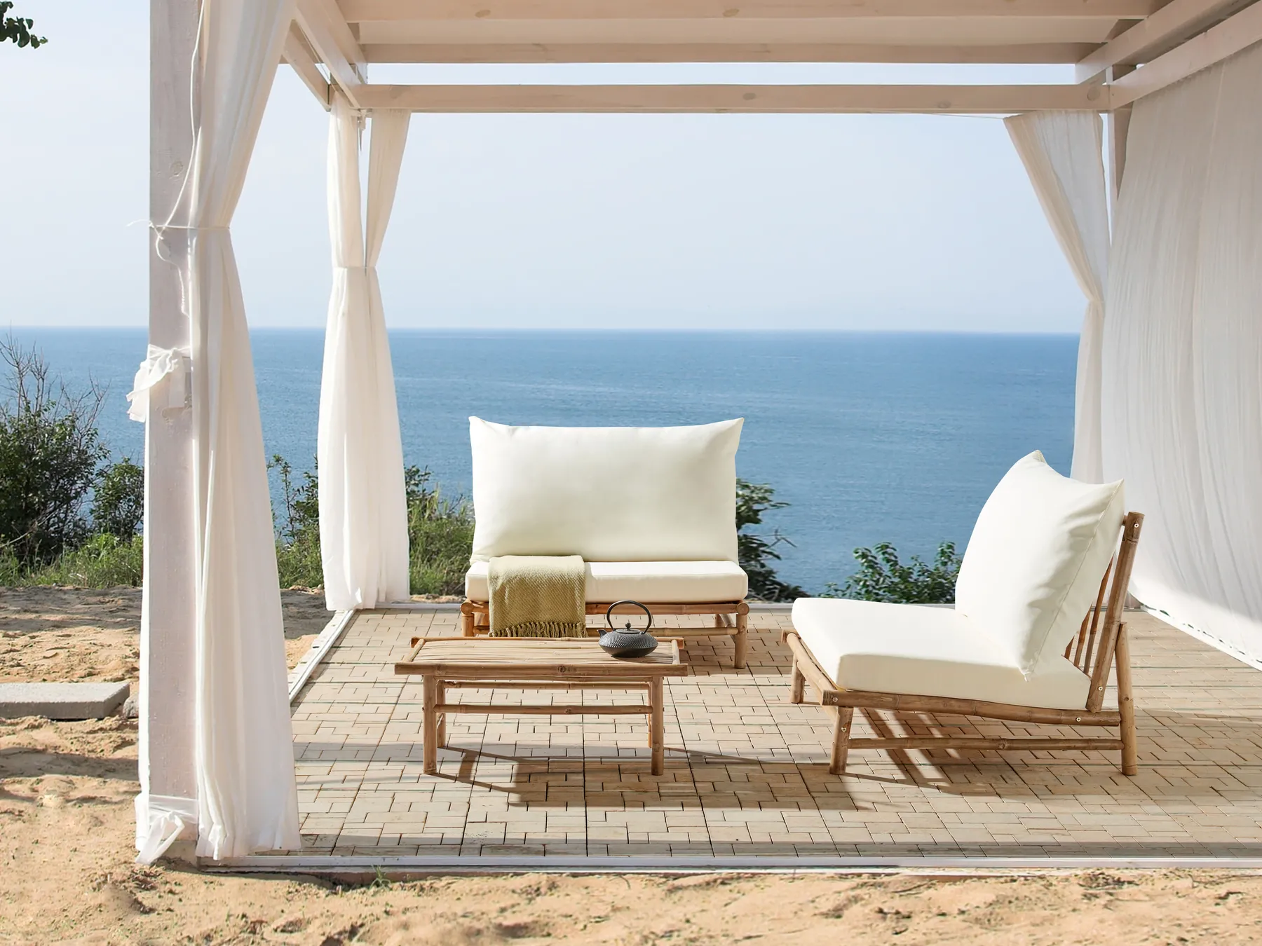 Lounge Set mit Tisch 2-Sitzer TODI Bambus Cremeweiß_872738