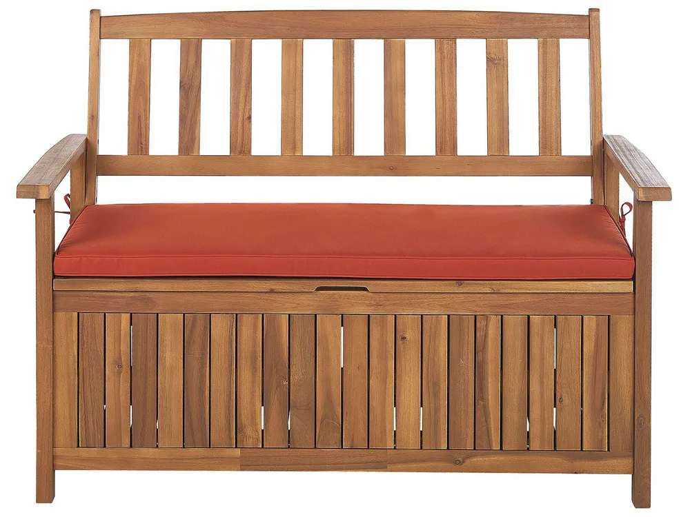 Gartenbank mit Auflage SOVANA 120 cm mit Stauraum Akazienholz Rot