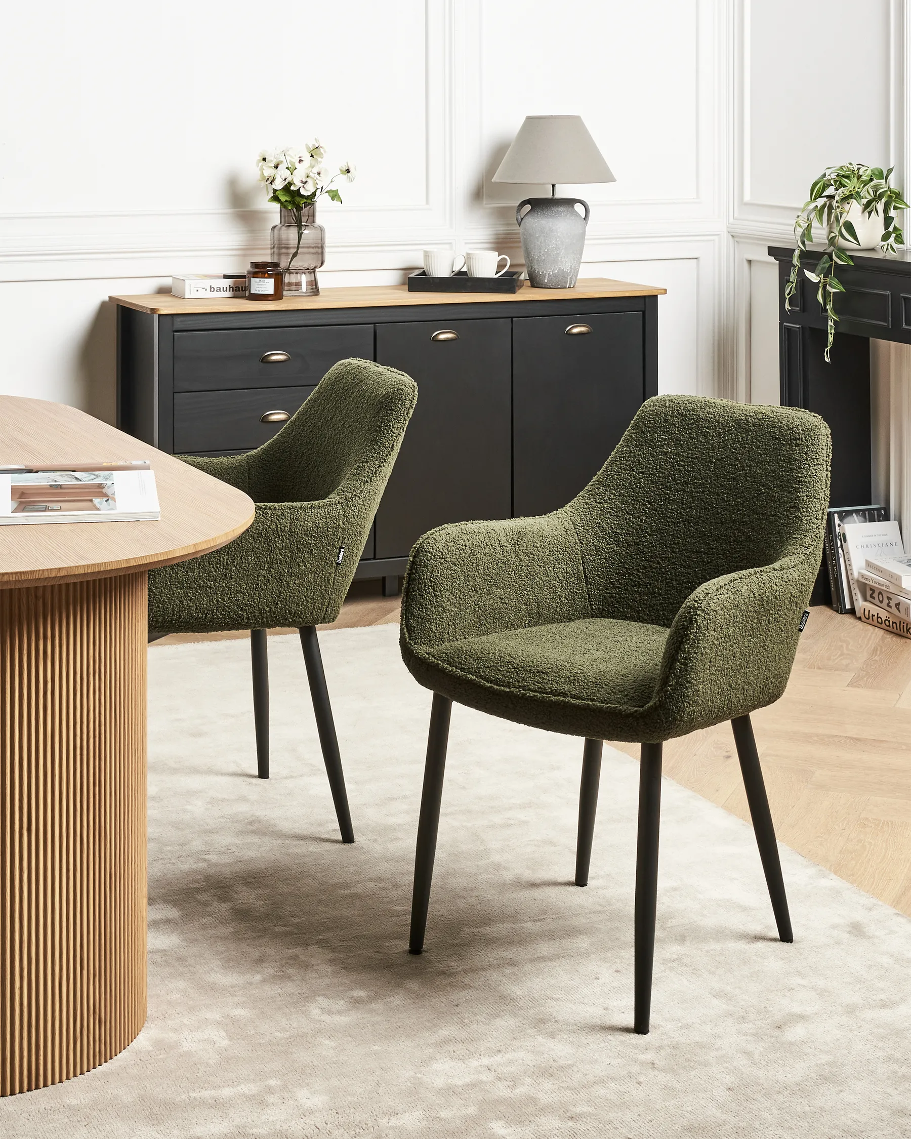 Set of 2 Dining Chairs ALDEN Boucle Dark Green_877513
