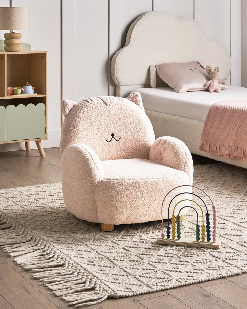 Kindersessel Katze ZOAR Bouclé Cremeweiß