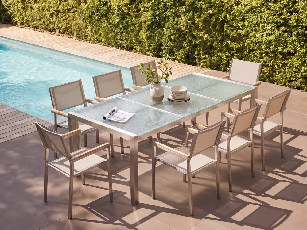 Gartenmöbel Set 8-Sitzer GROSSETO Crashglas Transparent / Beige_768740
