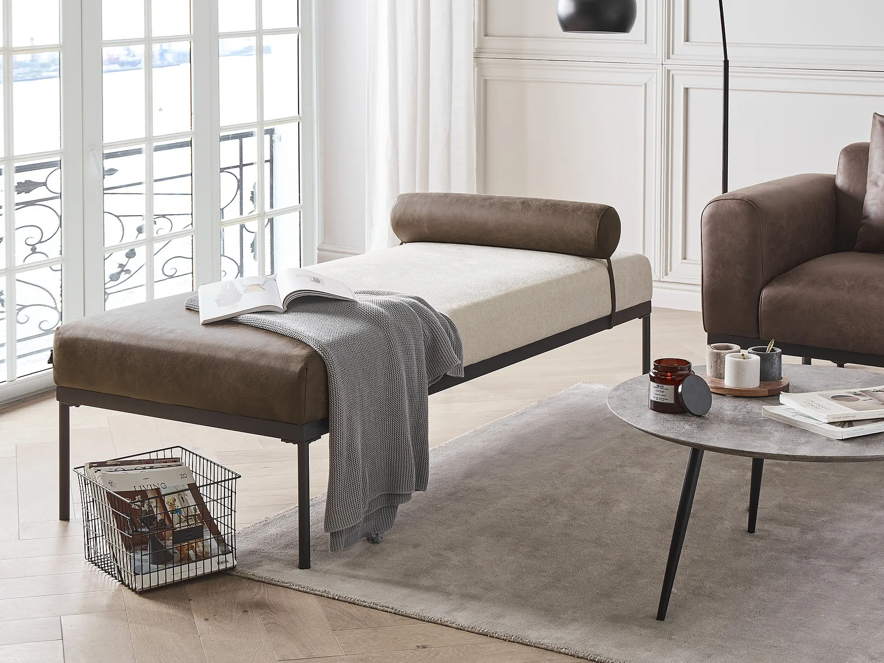 Chaise Longue MALMOS Faux Linen Faux Leather Dark Brown_931214