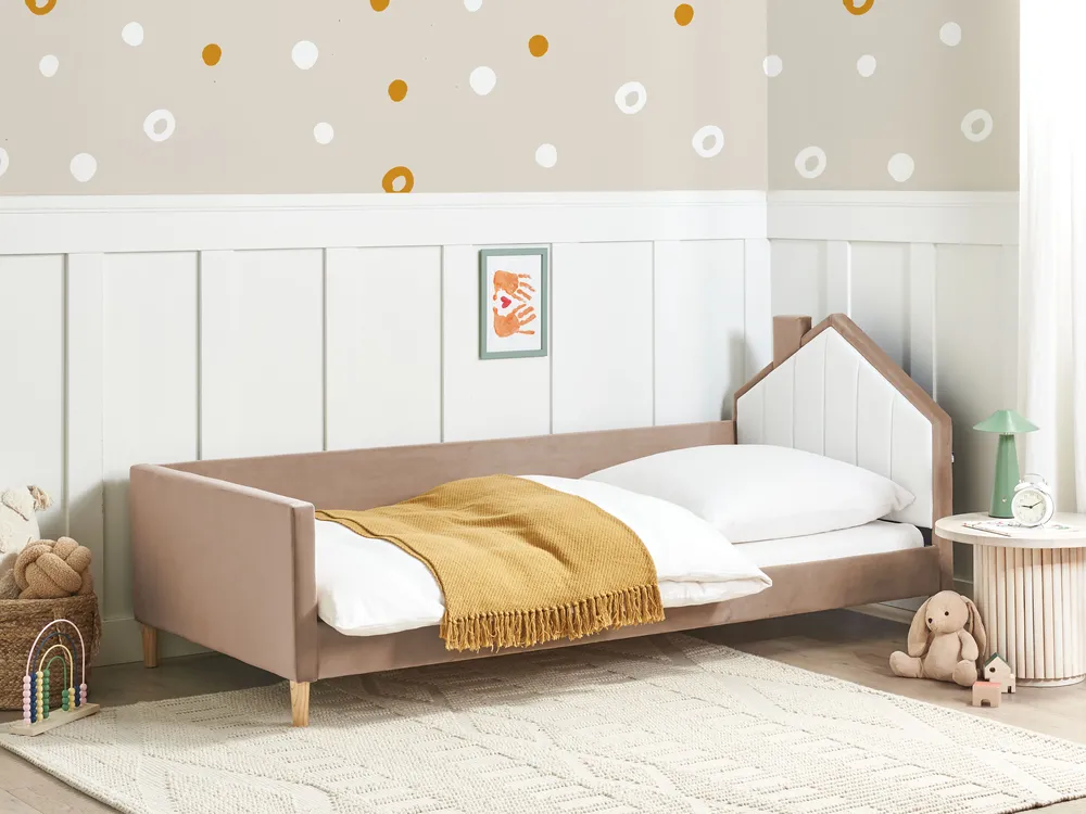 Kinderbett Haus Samtstoff KERVAN 90 x 200 cm Hellbraun