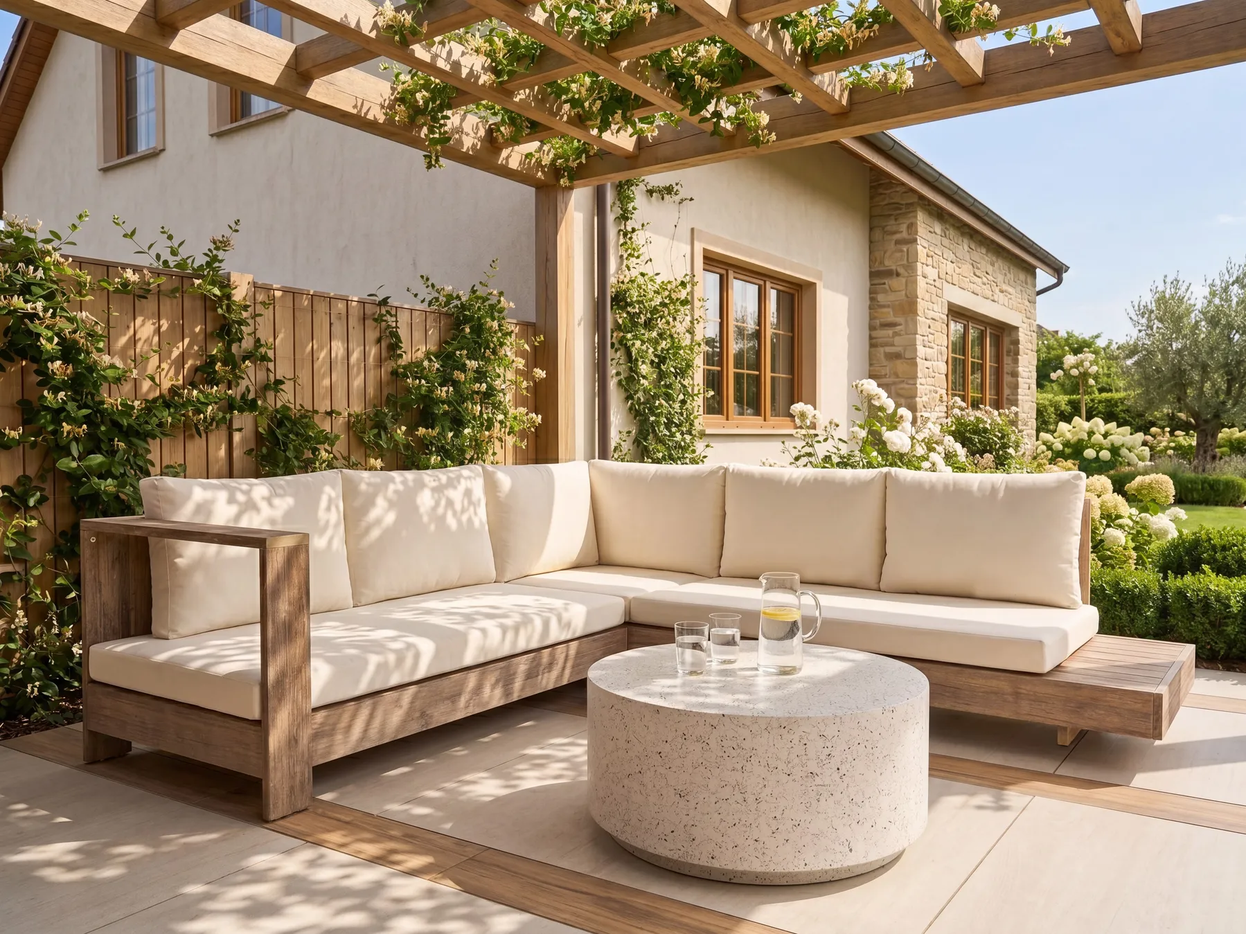 Garten Ecksofa 5-Sitzer MARETTIMO zertifiziertes Akazienholz Cremeweiß rechtsseitig_1081711