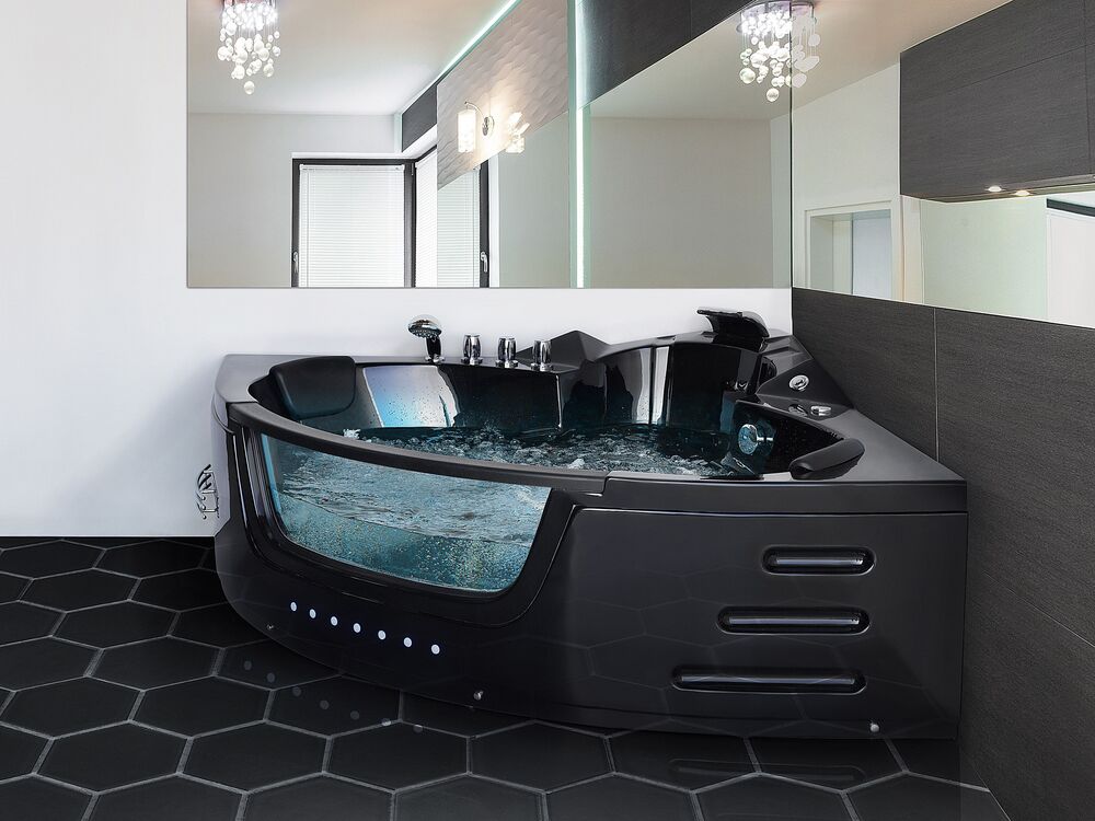 Whirlwanne Eckmodell mit LED MARTINICA 214 x 155 cm Schwarz