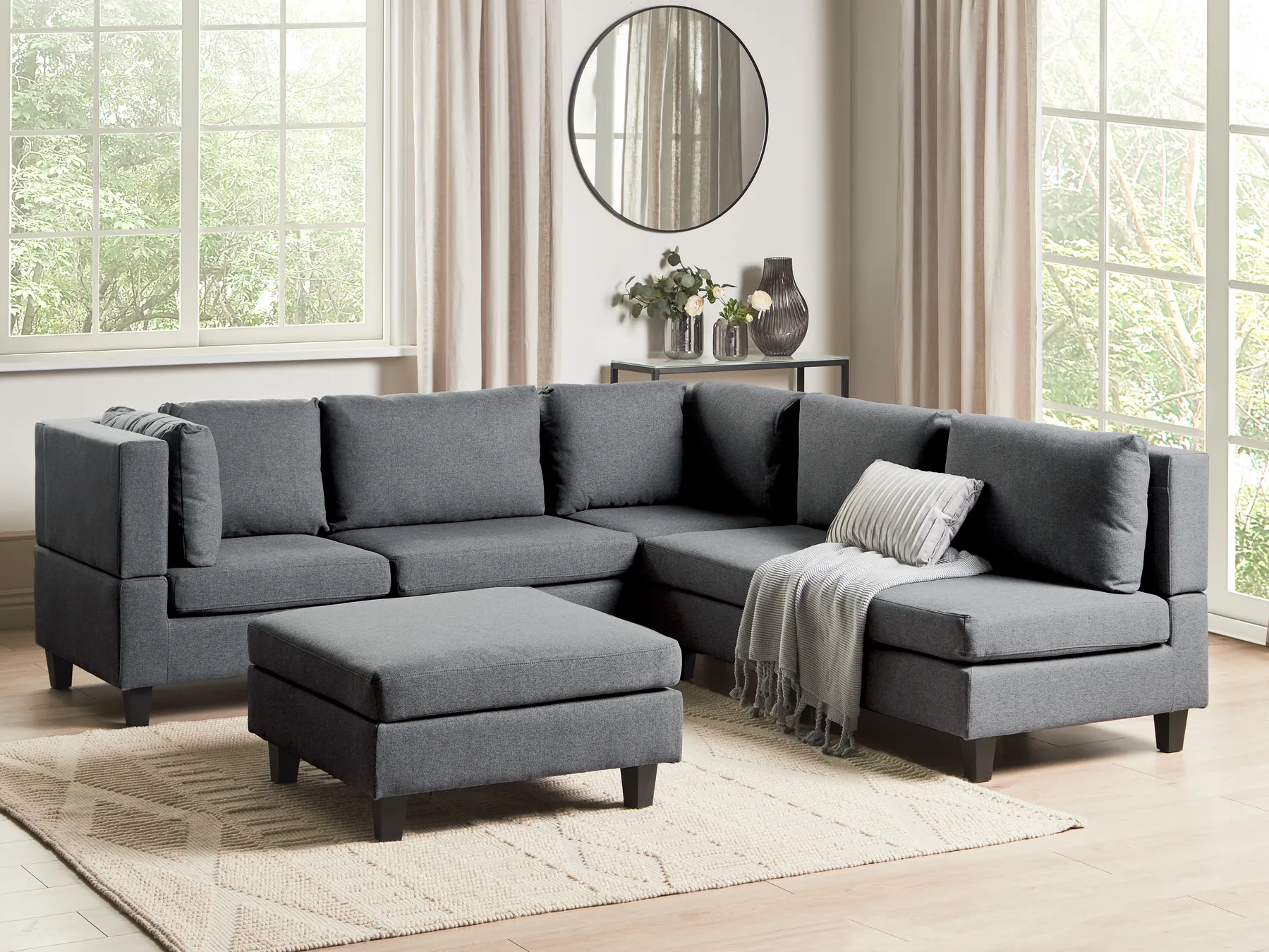 Modul Ecksofa 5-Sitzer UNSTAD mit Ottomane Stoff Dunkelgrau rechtsseitig_924657
