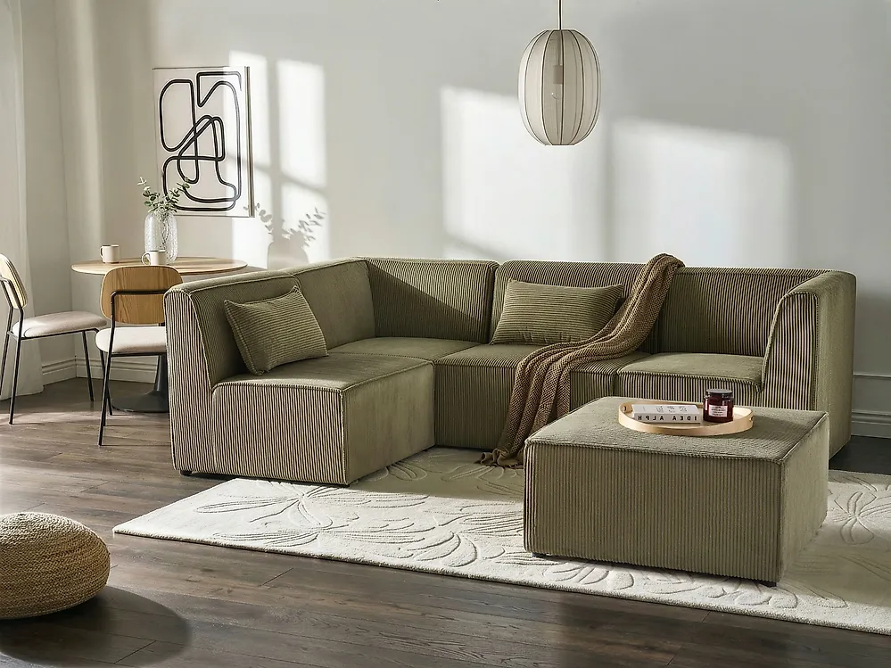 Modular Corner Sofa 4 Seater LEMVIG with Ottoman Corduroy Green Right Hand_1188314