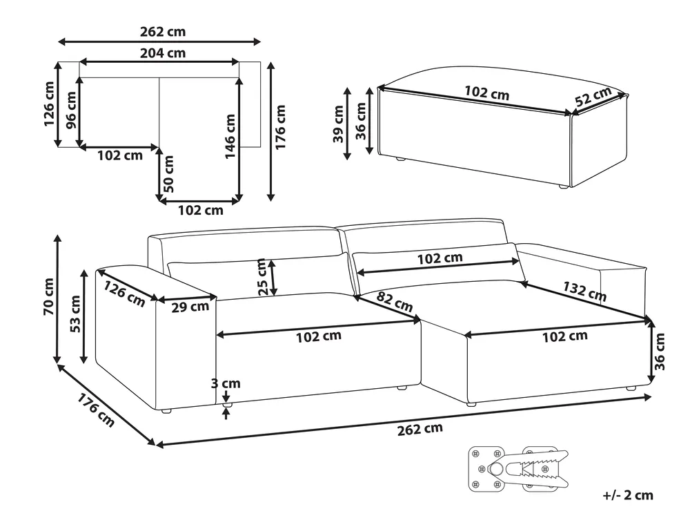 Modul Ecksofa 3-Sitzer HELLNAR mit Ottomane Stoff Hellbraun linksseitig_912356