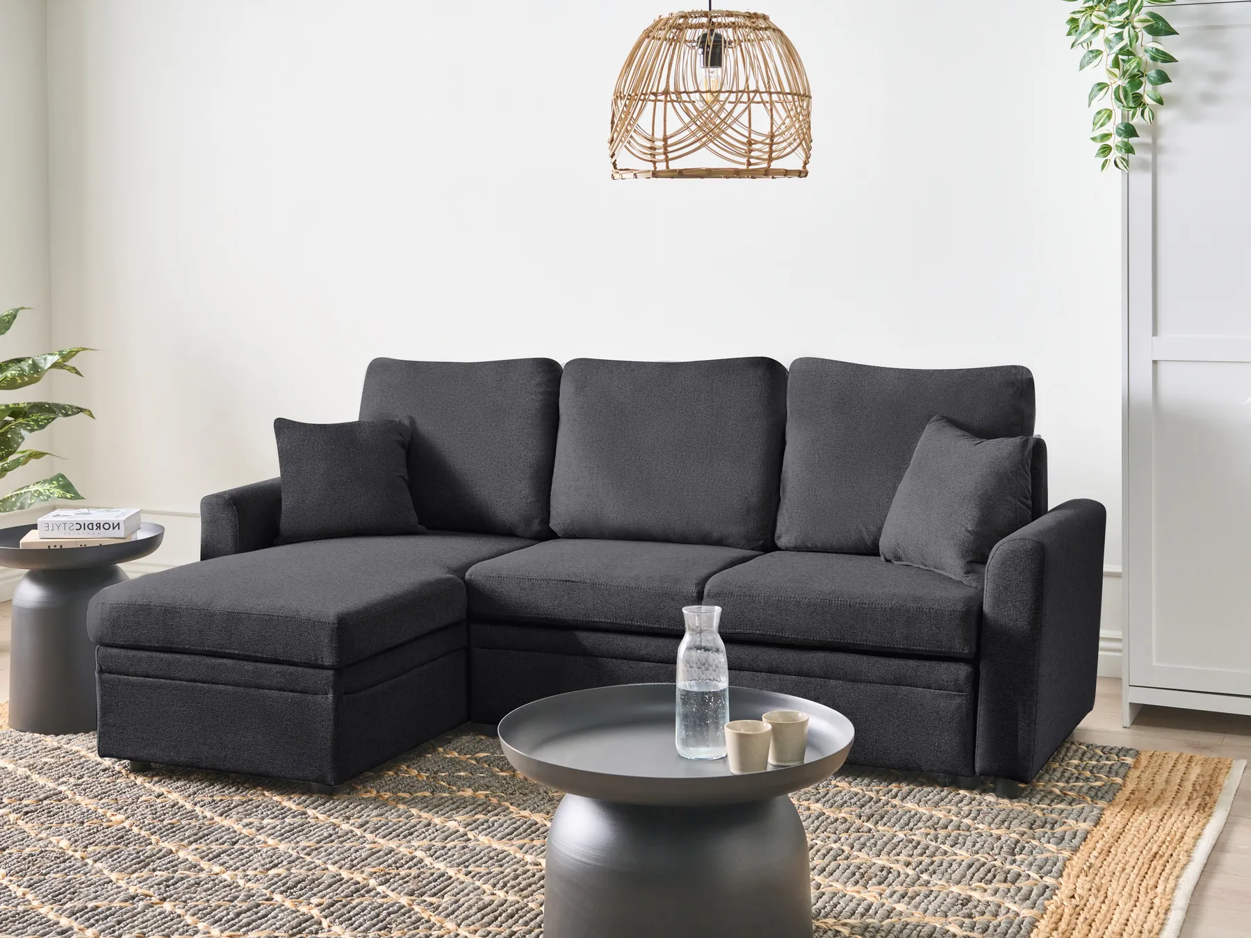 Eckschlafsofa 3-Sitzer NASSJO Kunstleinen Schwarz rechtsseitig_999967
