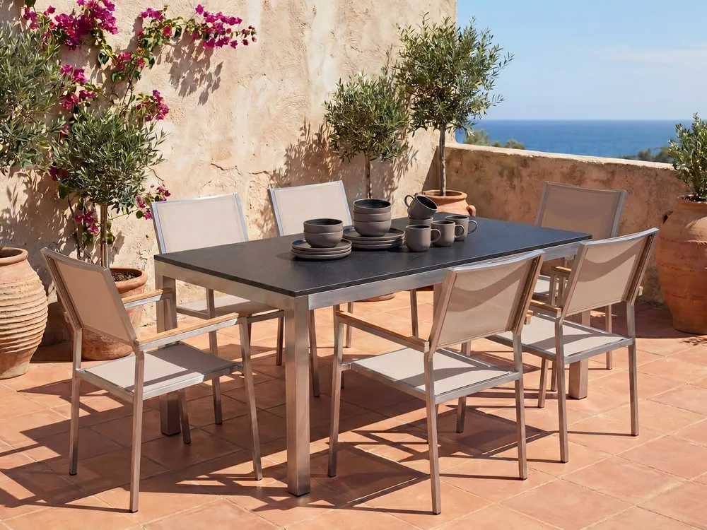Gartenmöbel Set 6-Sitzer GROSSETO Granit poliert Schwarz / Beige_767053