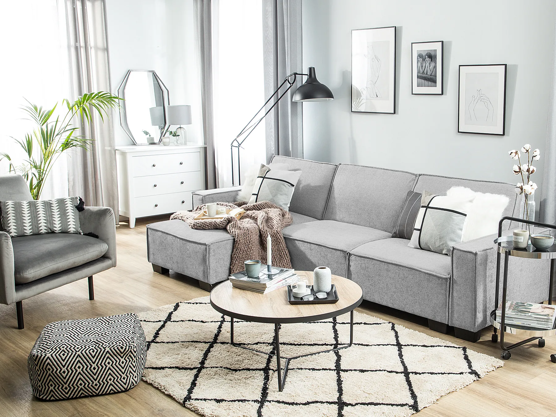 Corner Sofa Bed 3 Seater ROMEDAL Fabric Light Grey Right Hand_748906