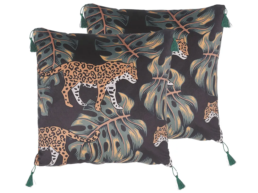 Dekokissen 2er Set KUHI 45 x 45 cm Samtstoff Schwarz Tiermuster
