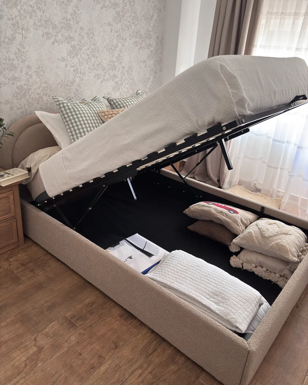 Ottoman Bed QUILLIEN Boucle Beige 140 x 200 cm (EU Double)_1018178
