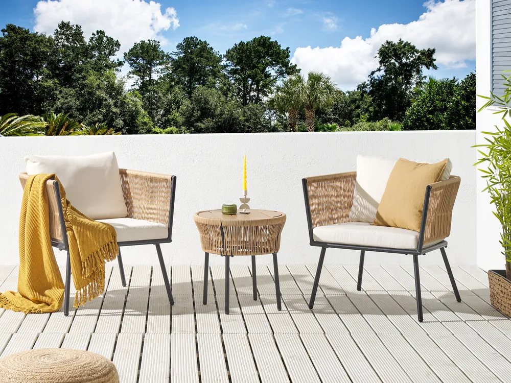Bistro Set inkl. Kissen GARGANO Polyrattan Naturfarben
