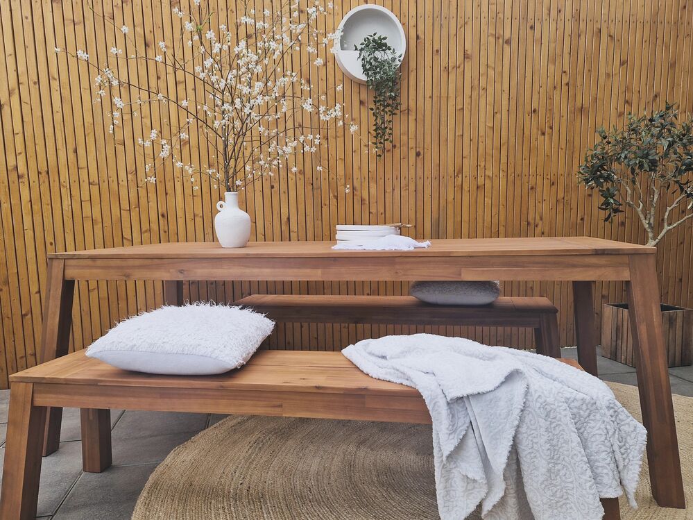 Tavolo Da Giardino Con Panche In Legno - Set Per 6 Persone, 178x78 Cm, Finitura Teak Invecchiato - Foto 2