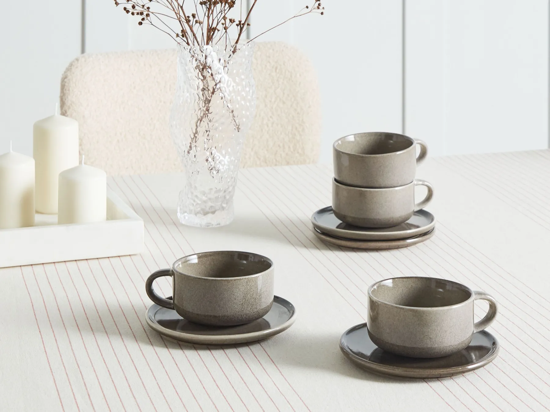 Tassen 8er Set mit Untertellern COSTMARY Steinzeug Grau_986467