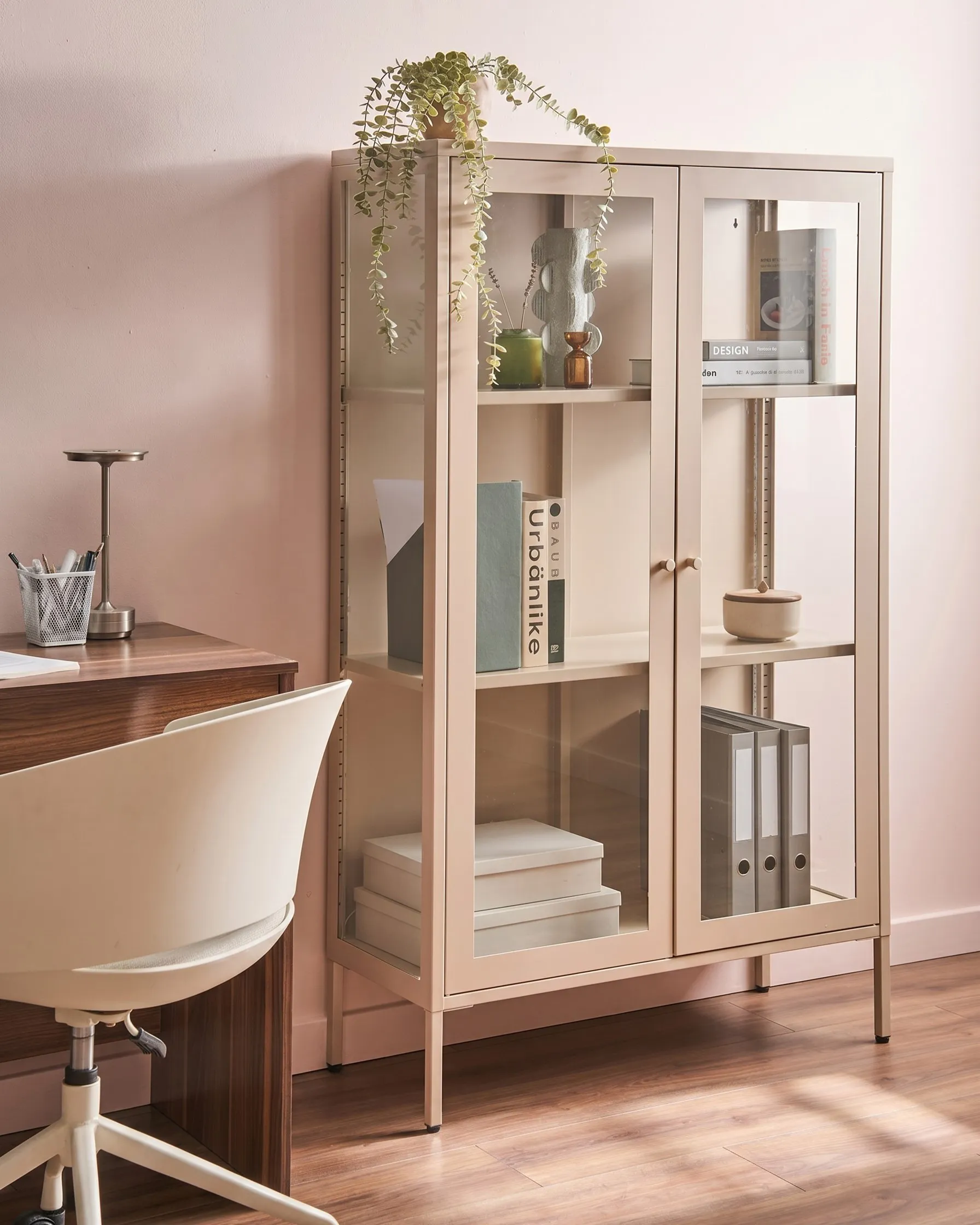 Vitrine mit Glastüren NASH 90 cm Metall Beige_1091136