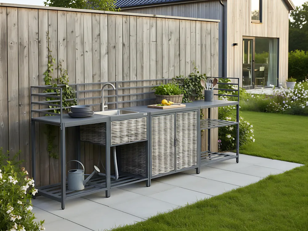 Outdoor-Küche 4er Set mit Spüle MIRADOR Grau Polyrattan