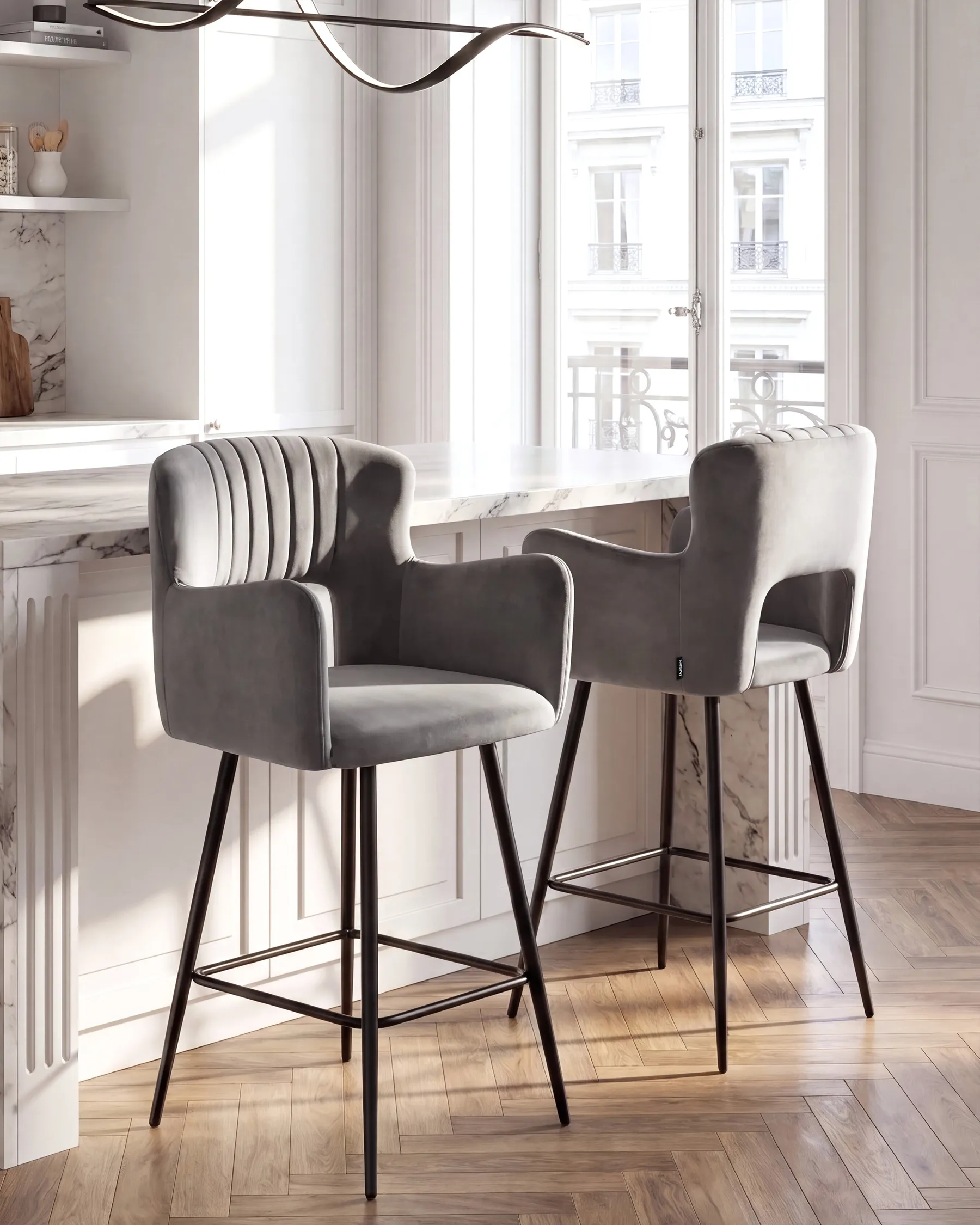 Set of 2 Bar Chairs SANILAC Velvet Light Grey_1063708