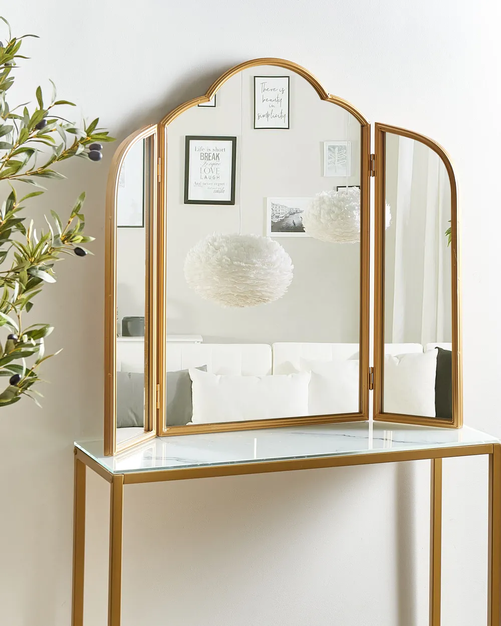 gold dressing table mirror with lights White Vanity Desk with LED Mirror, 6 Drawers, 4 Cabinets, Power Outlet, Adjustable Lighting