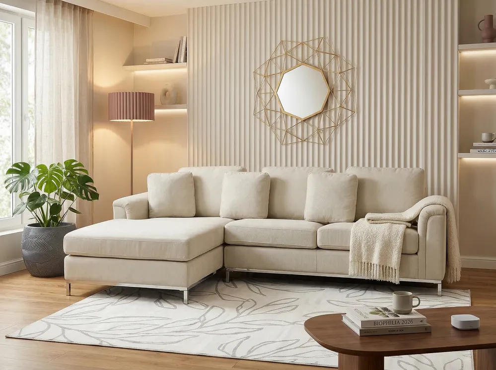 Corner Sofa OSLO with Ottoman Fabric Beige Right Hand