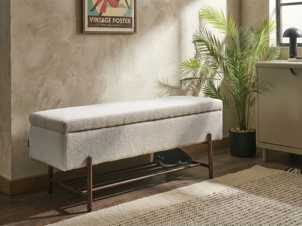Banc à chaussures VAIL Bouclé Blanc cassé avec rangement