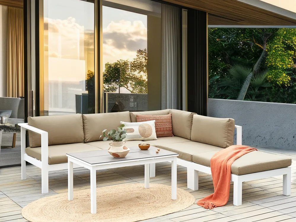 Garten Ecksofa mit Tisch 5-Sitzer MESSINA Metall Sandbeige linksseitig