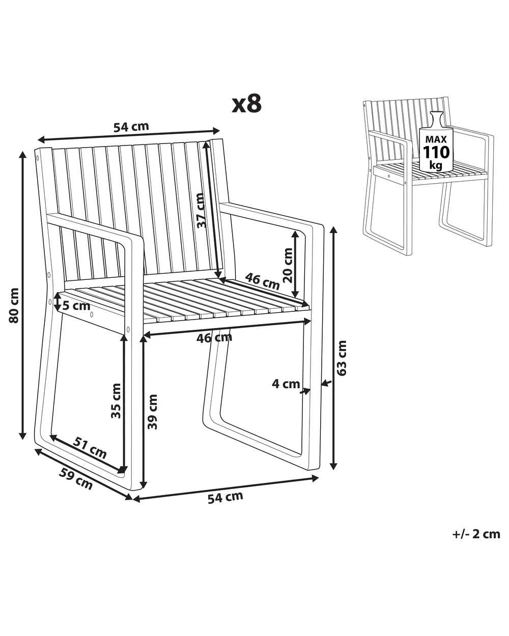 Set mit 8 Stühlen und Sitzkissen SASSARI II PREMIUM zertifiziertes Akazienholz Cremeweiß_1066202