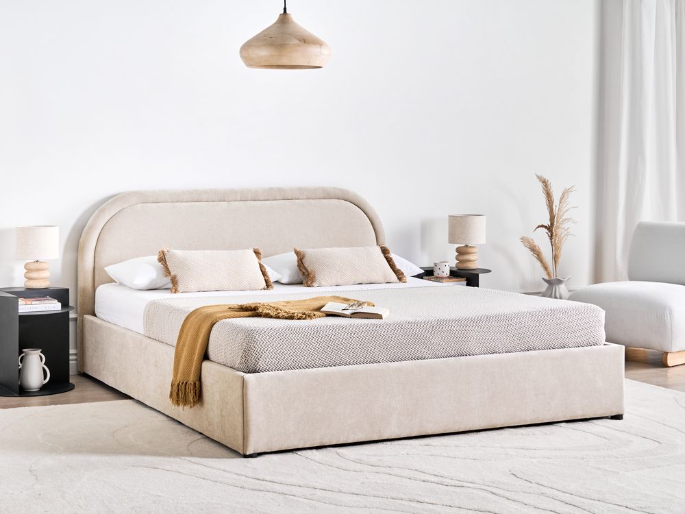 Bed met opbergruimte QUILLIEN Chenille Lichtbeige 160 x 200 cm