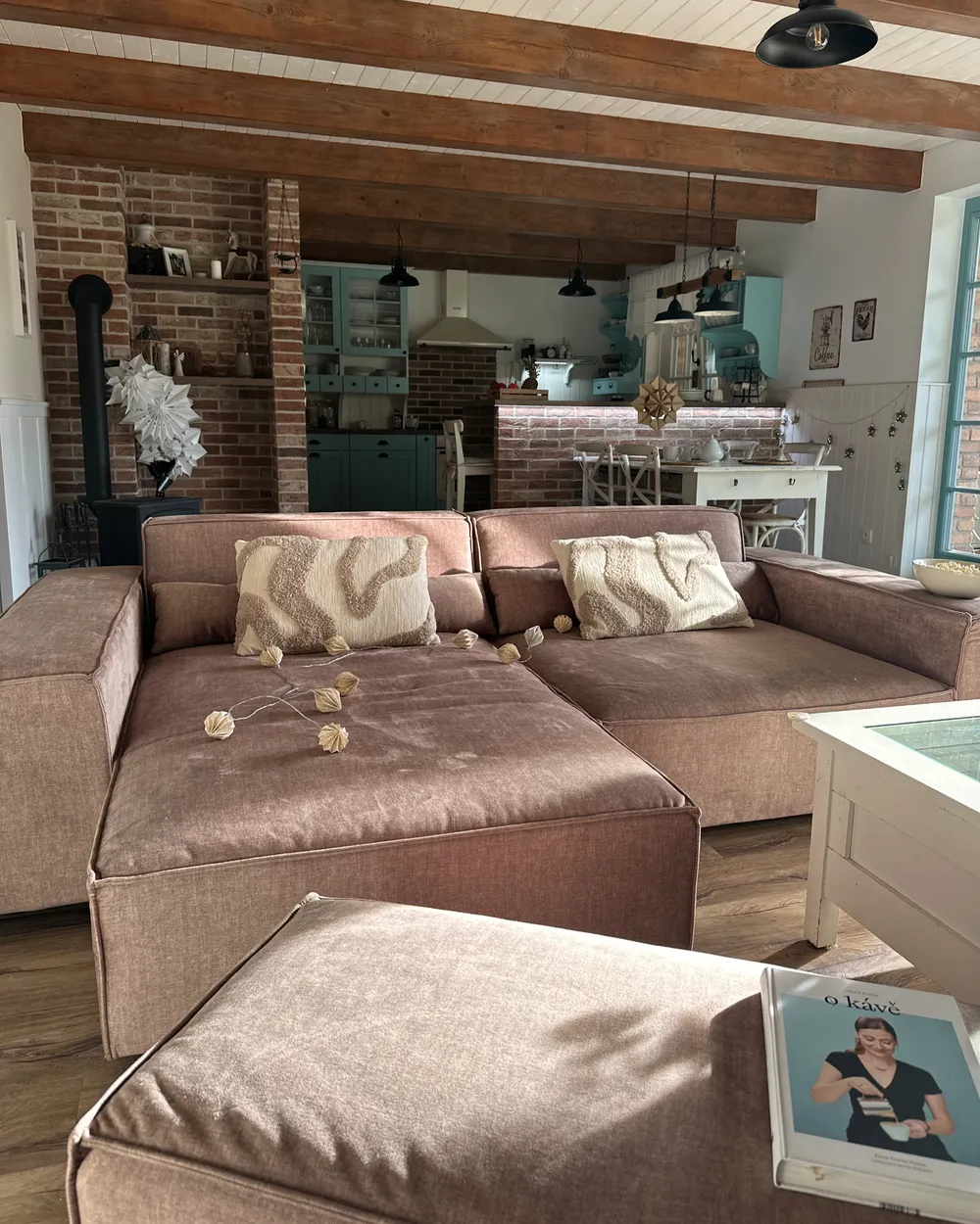 Modular Corner Sofa 3 Seater HELLNAR with Ottoman Fabric Light Brown Right Hand_1048064
