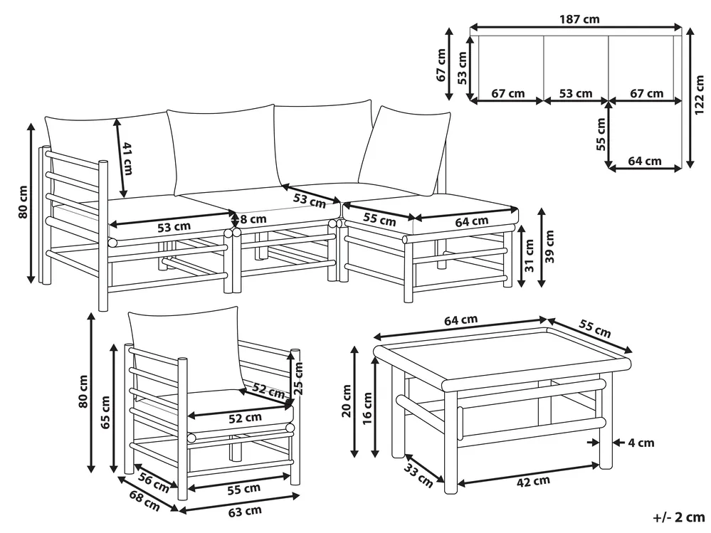 Lounge Set mit Tisch 5-Sitzer CERRETO Bambus Taupe linksseitig_909136