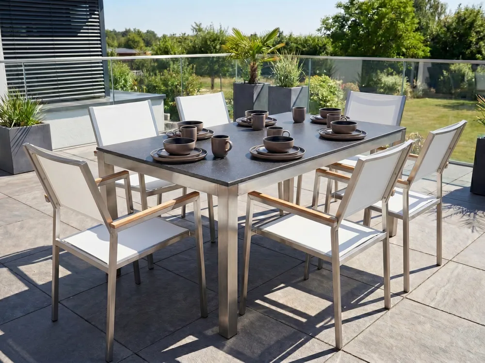 Gartenmöbel Set 6-Sitzer GROSSETO Granit poliert Schwarz / Weiß