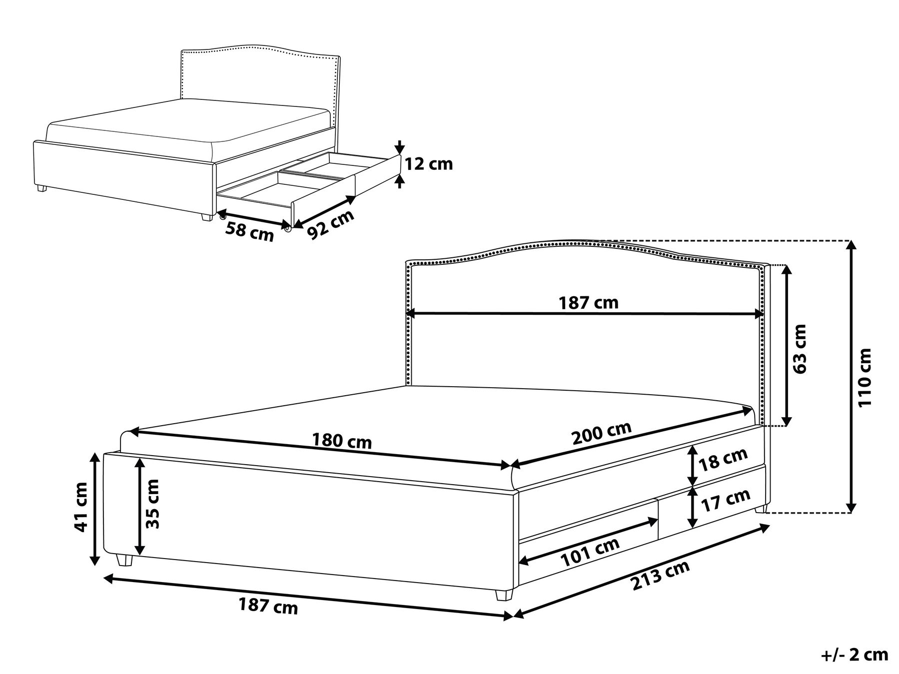 Bett mit Schubladen MONTPELLIER Stoff Beige 180 x 200 cm_785585
