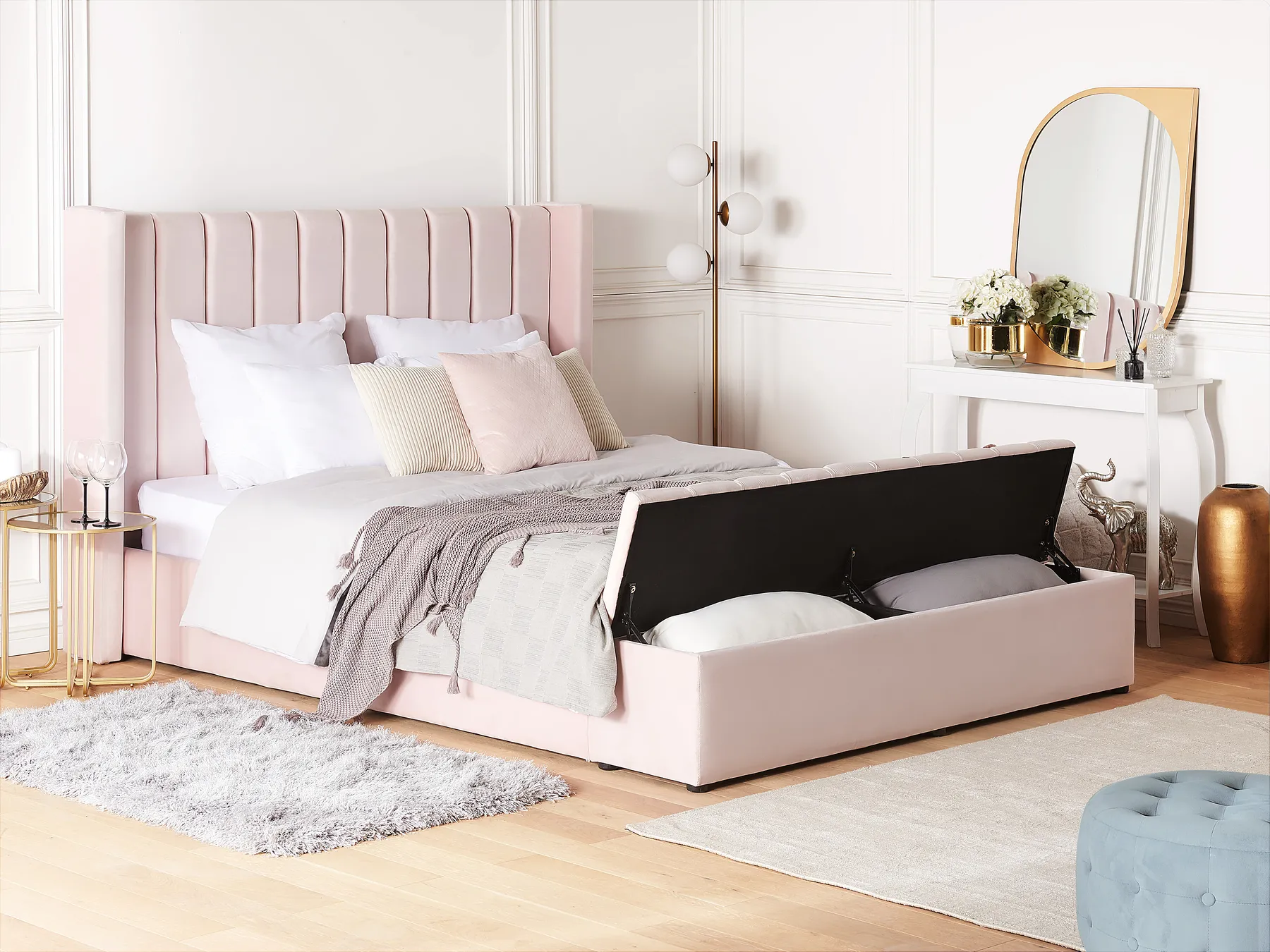 Bett mit Stauraumbank NOYERS Samtstoff Pastellrosa 180 x 200 cm_796522