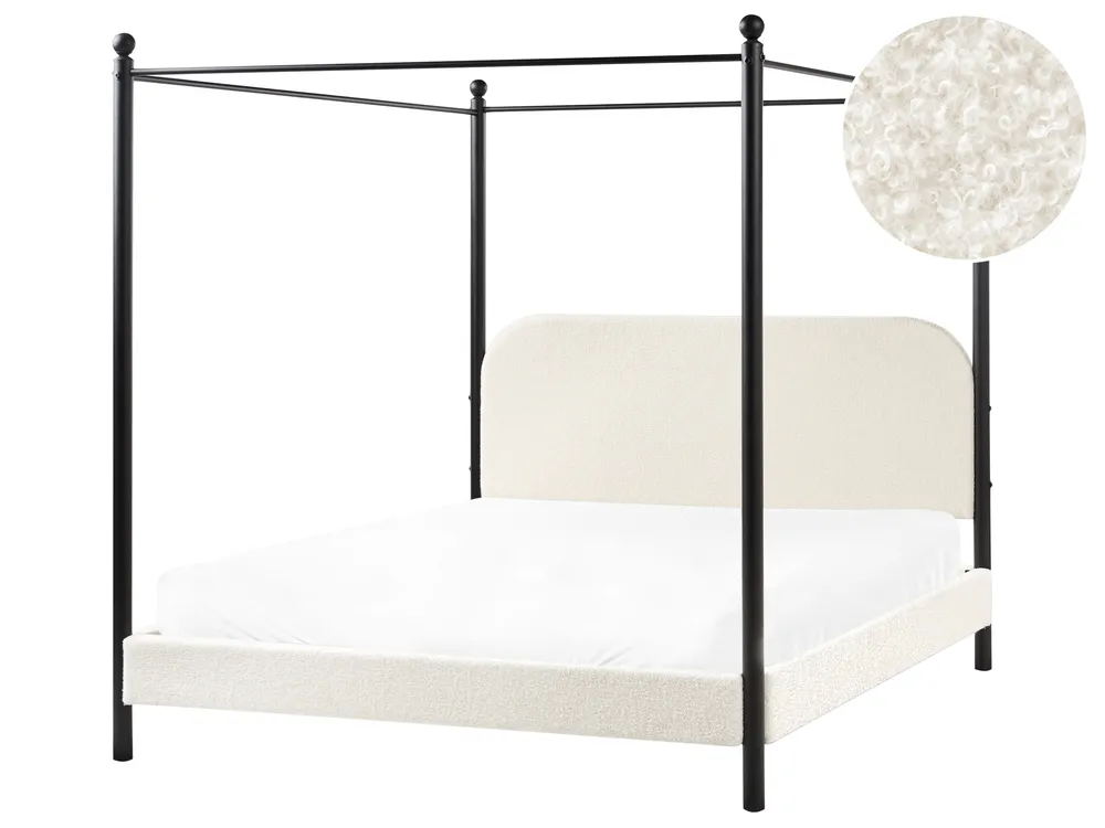 Four Poster Bed Boucle DANNEMOIS 160 x 200 cm (EU King Size) Off-White