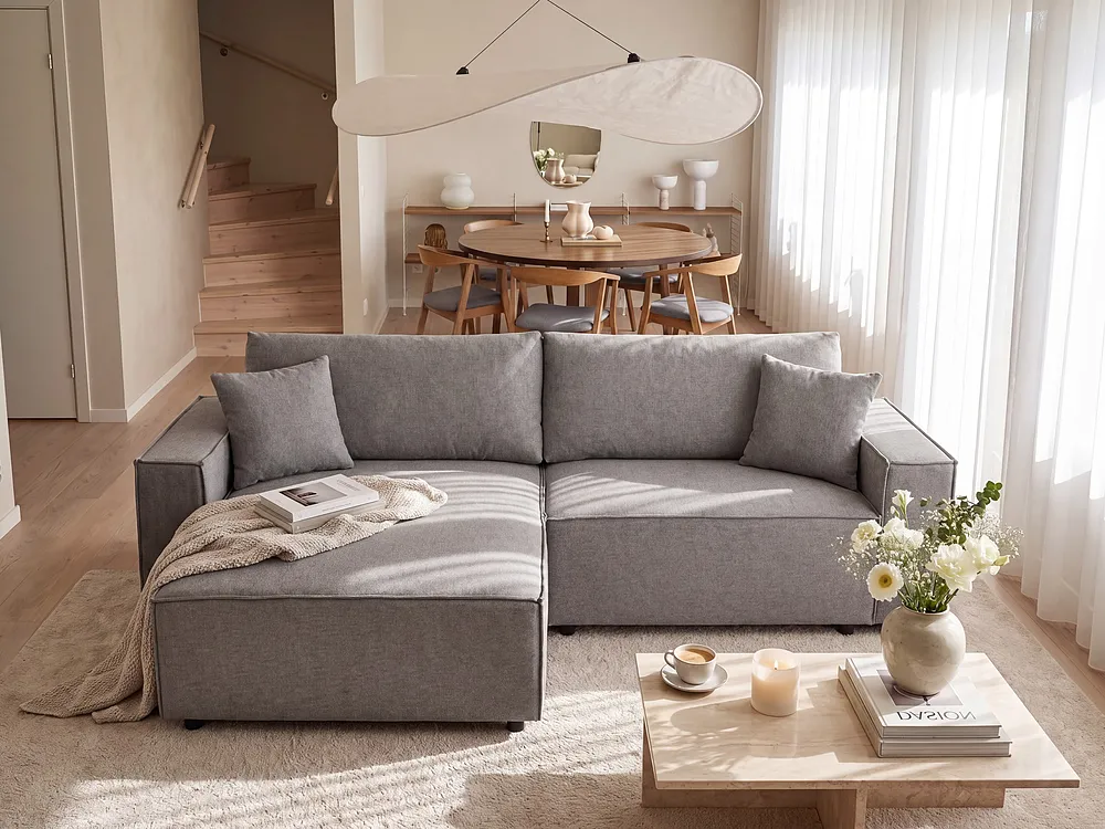 Eckschlafsofa KARILA mit Stauraum Stoff Grau rechtsseitig_1154551