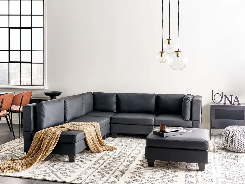 Modul Ecksofa 5-Sitzer UNSTAD mit Ottomane Kunstleder Schwarz rechtsseitig