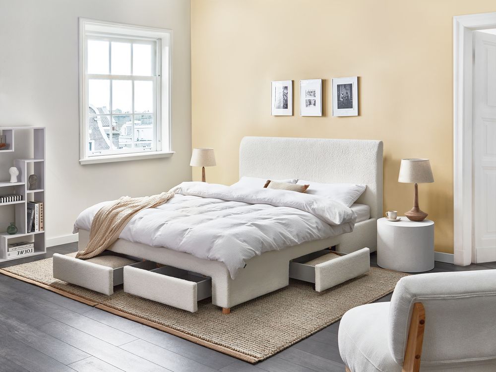 Bed with Storage Drawers SOUTRIN Boucle Off-White 160 x 200 cm (EU King Size)