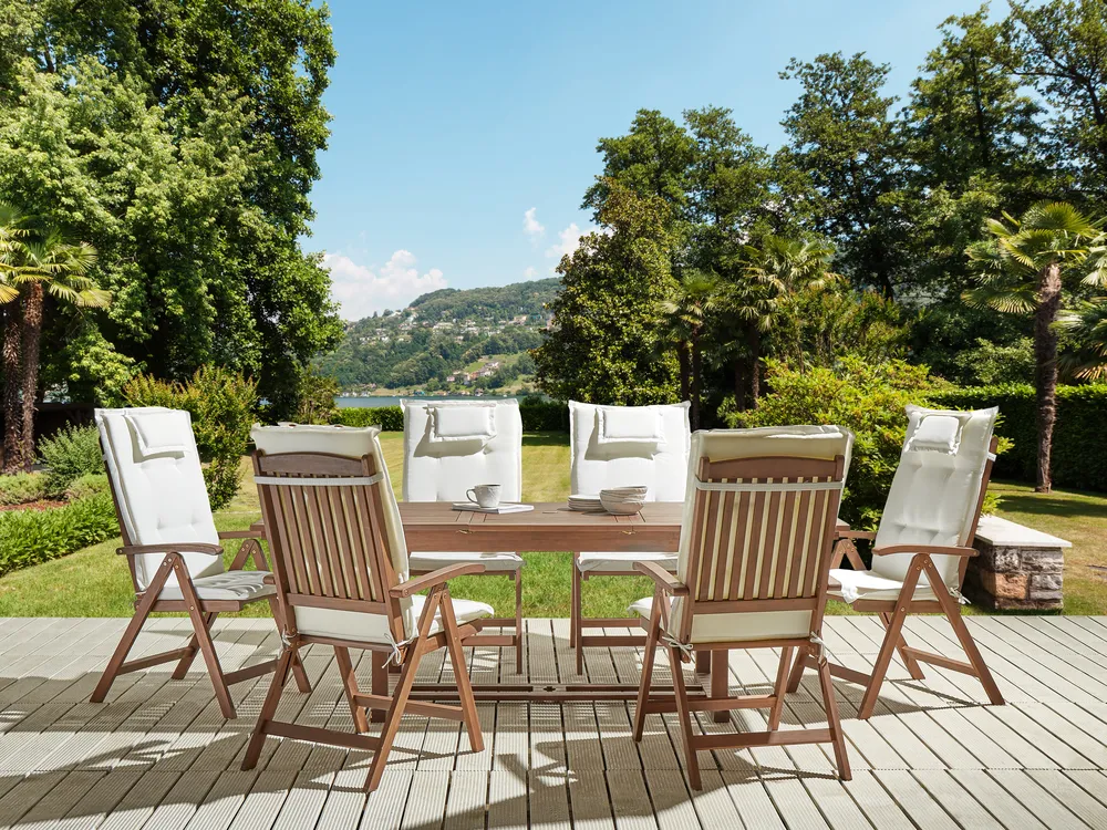 Gartenmöbel Set 6-Sitzer AMANTEA inkl. Kissen Akazienholz Cremeweiß