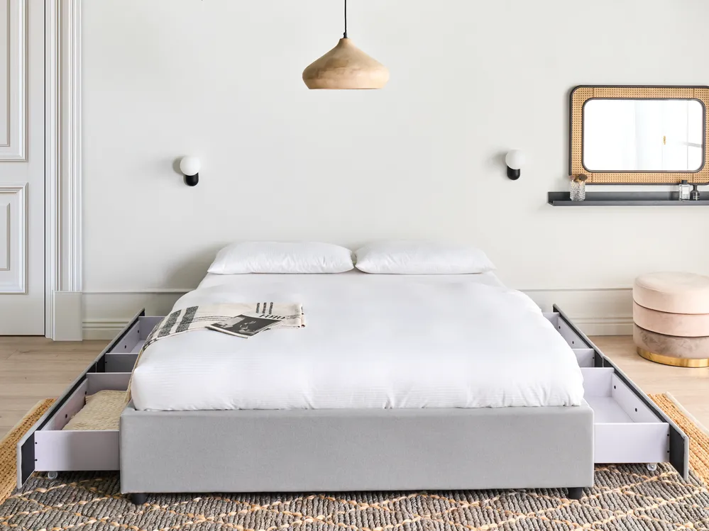 Bett mit Schubladen ohne Kopfteil PRADES Stoff Hellgrau 160 x 200 cm