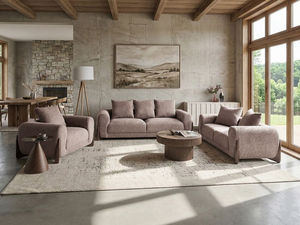 Living Room Set 6 Seater VINLIDEN Boucle Brown