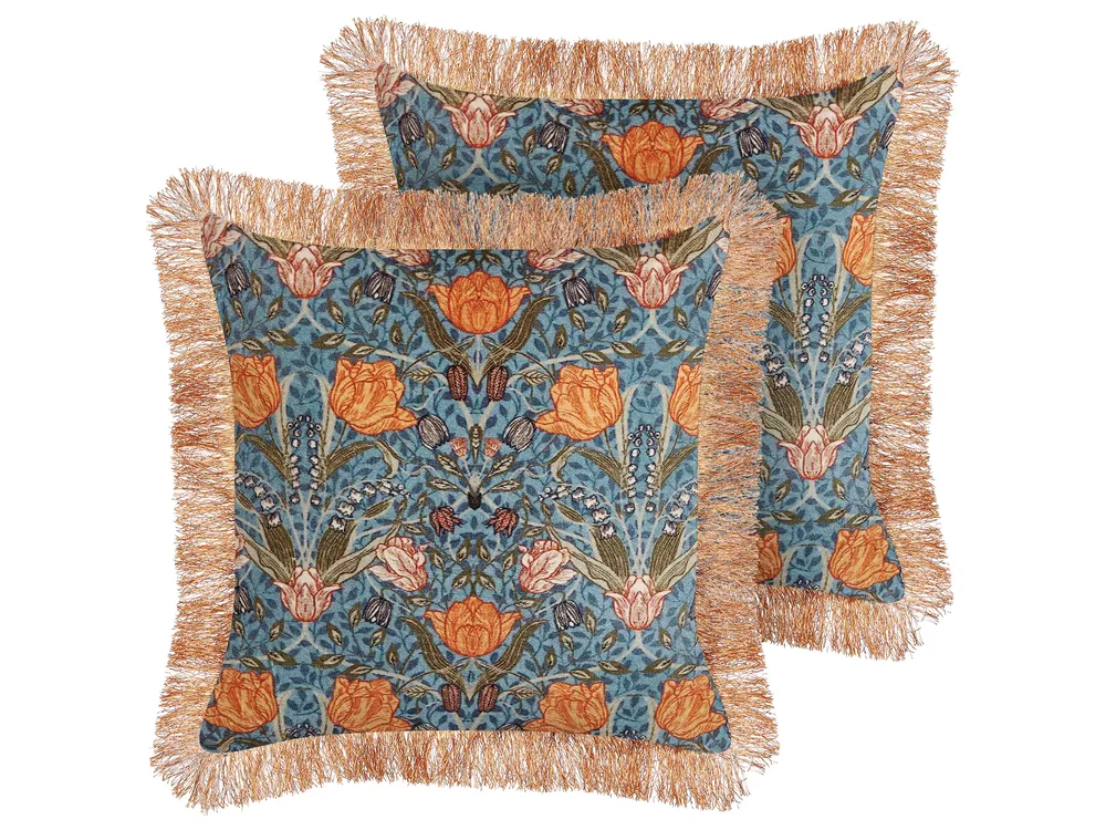 Dekokissen 2er Set MITELLA 45 x 45 cm Samtstoff Blau Blumenmuster